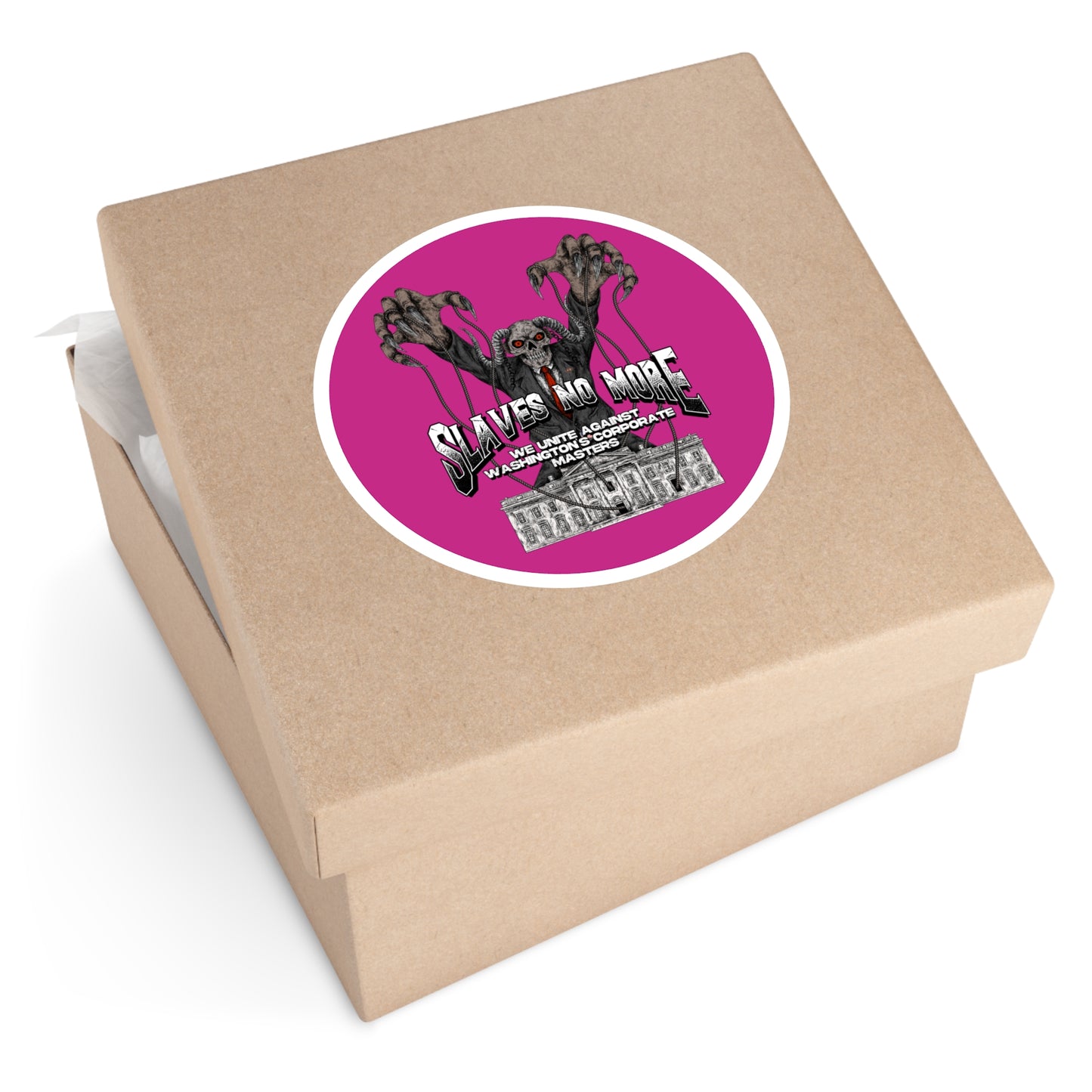 Slaves No More, We Unite against Washington's corporate masters: Round Stickers (pink background) | Indoor & Outdoor Vinyl Stickers