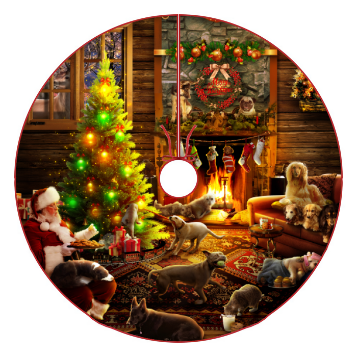 Christmas Tree Skirt,MOQ1 A cozy scene with Santa, a Christmas tree, an Afghan hound, Pitbull, Terrier Chihuahua mix, bull dog, German Shepherd, a cat, a lab, Wiener dogs, and a dachshund.