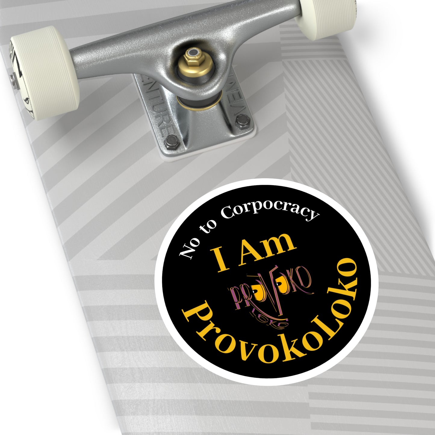 I Am ProvokoLoko, Round Stickers. No to Corpocracy. (black background) | Indoor & Outdoor Vinyl Stickers