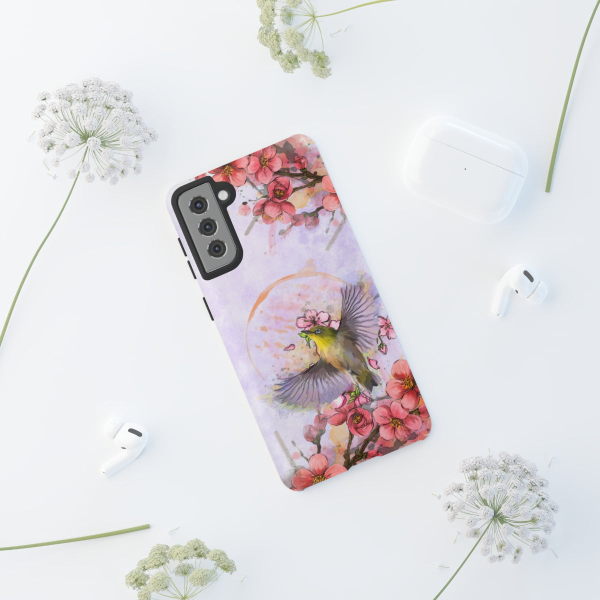 Cherry Blossom Birds, white background (Soar), Tough Cases - All Phones