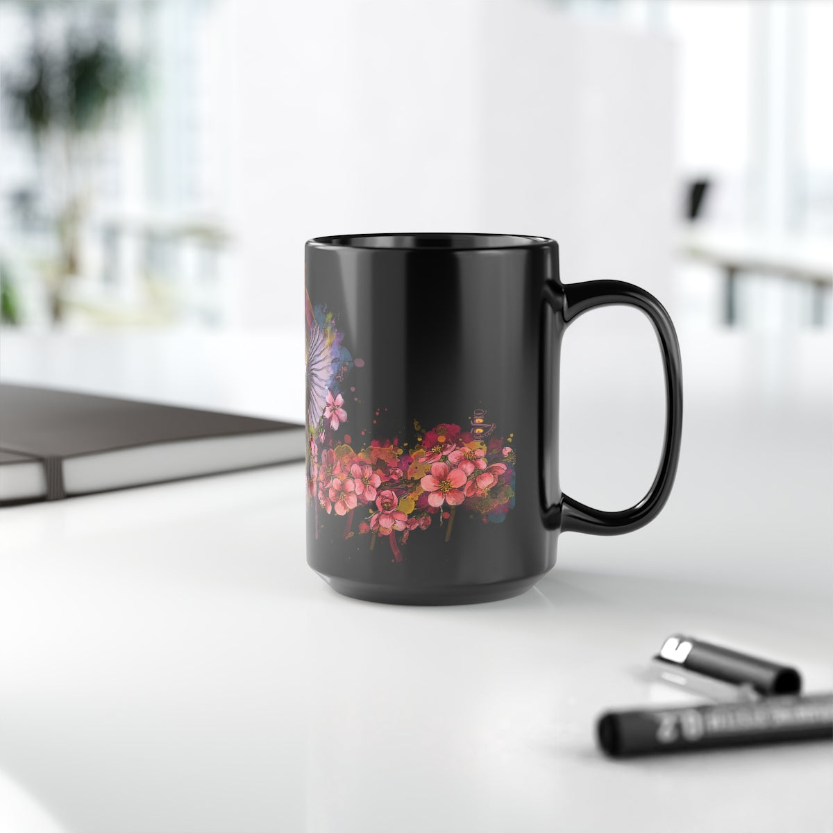 Cherry Blossom Birds (Soar), Black Mug, 15oz