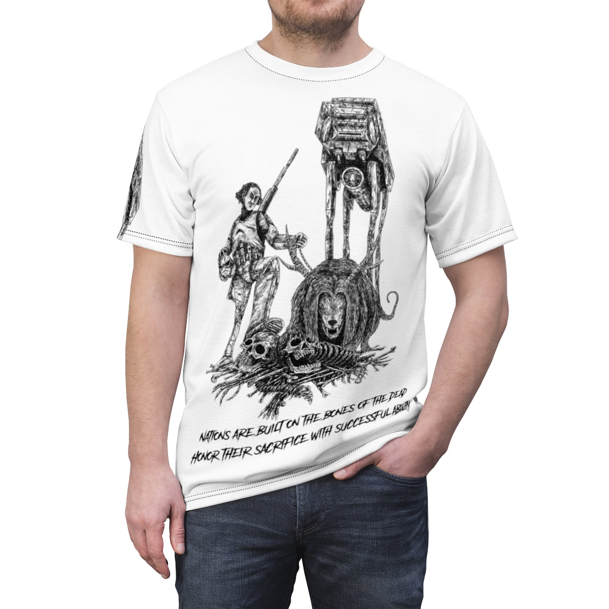 Nations are built on the bones of the dead: (White) Unisex AOP Cut & Sew Tee