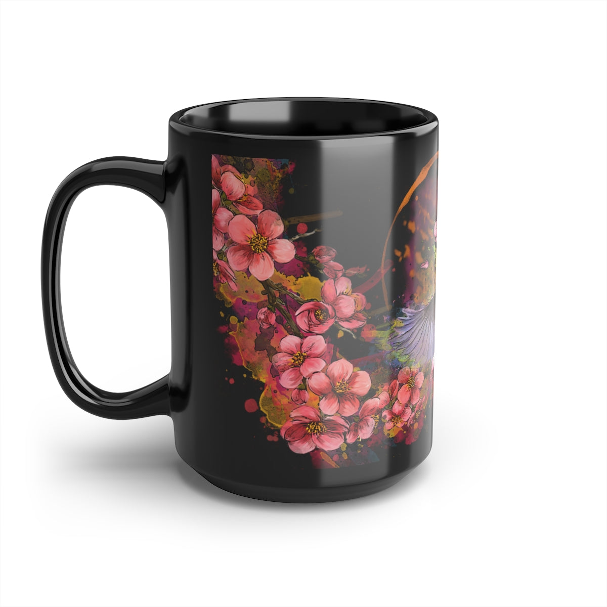 Cherry Blossom Birds (Soar), Black Mug, 15oz