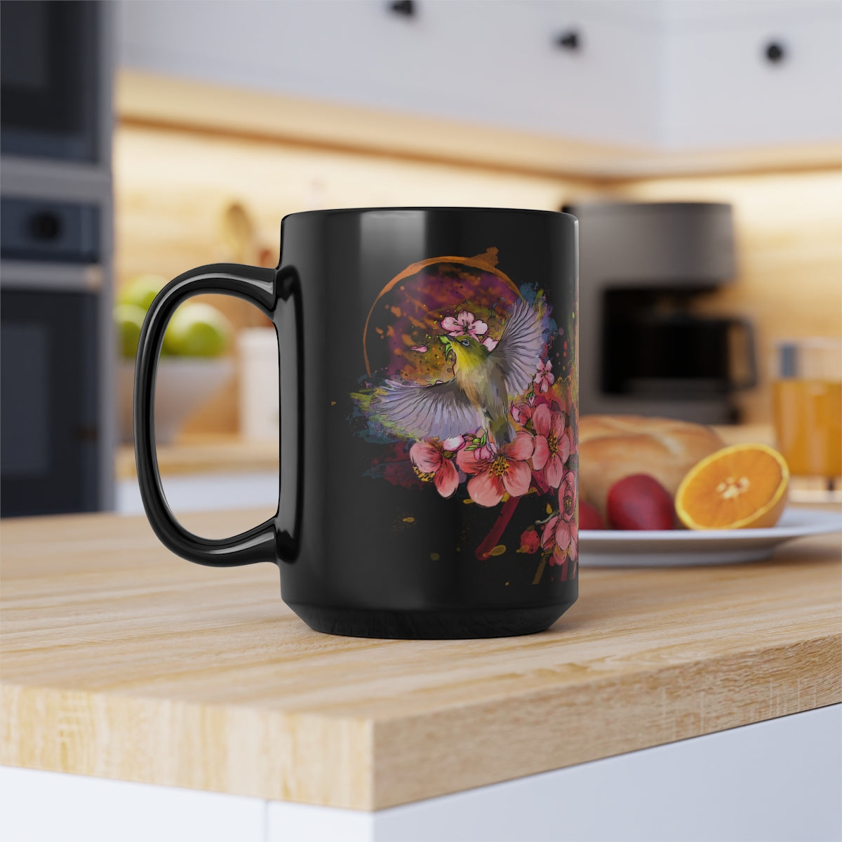 Cherry Blossom Birds (3 birds on one mug), Black Mug, 15oz