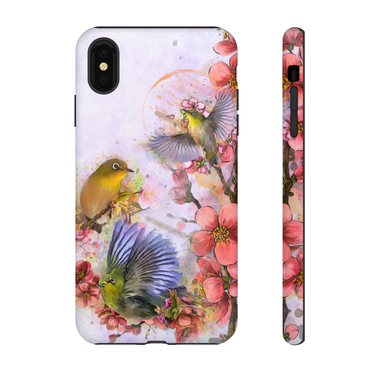 Cherry Blossom Birds, white background (Three Birds), Tough Cases - All Phones