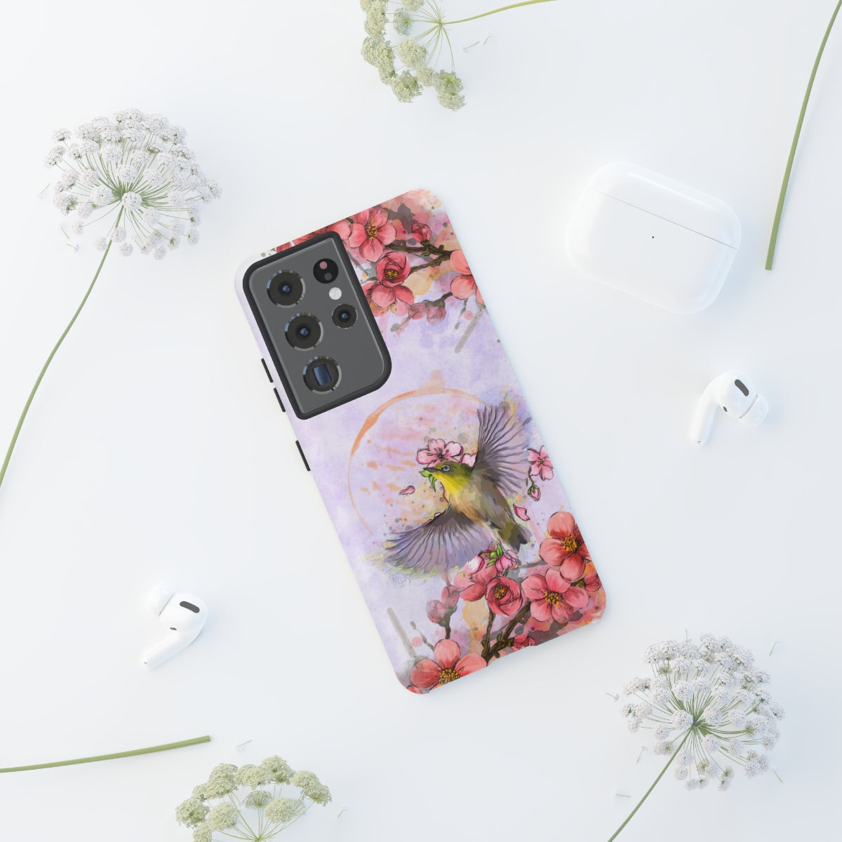 Cherry Blossom Birds, white background (Soar), Tough Cases - All Phones