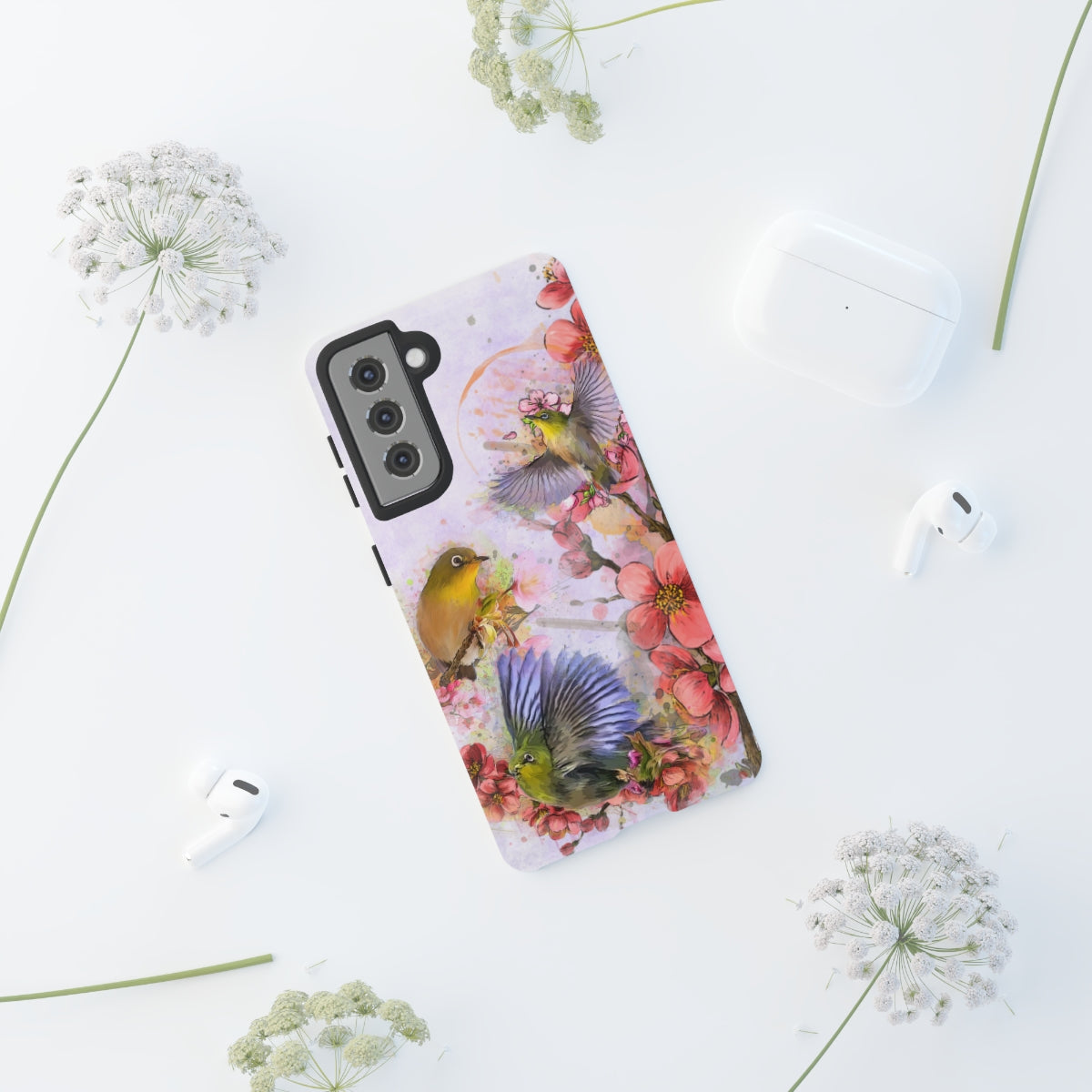 Cherry Blossom Birds, white background (Three Birds), Tough Cases - All Phones