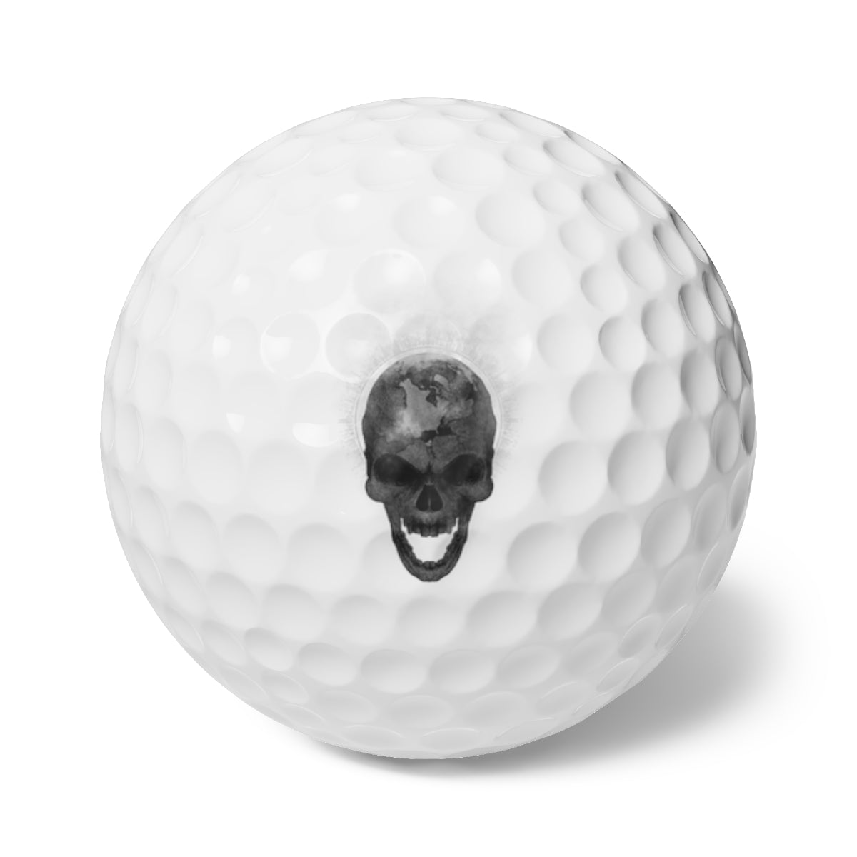 golf balls with dark art of a skull Earth leaking atmosphere