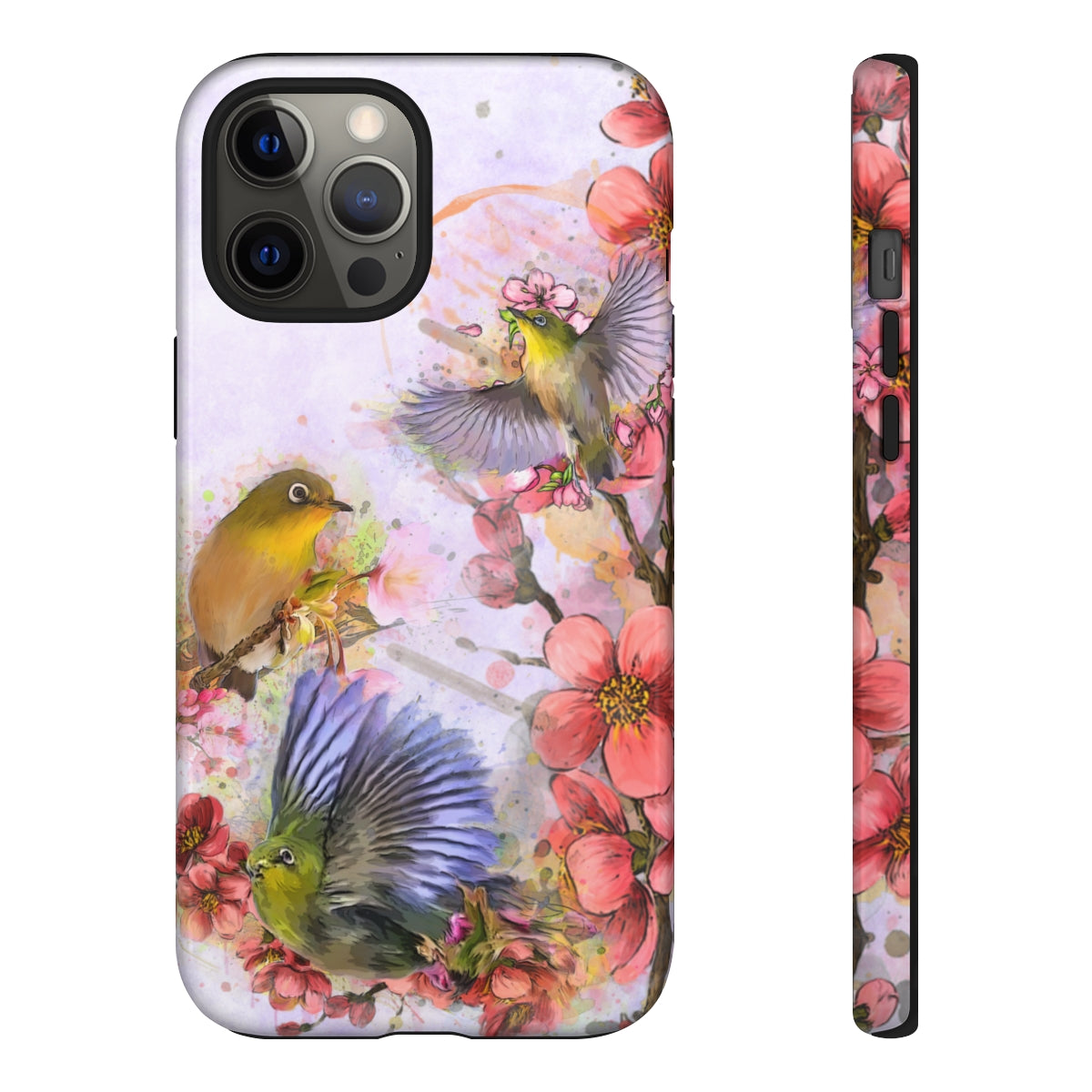 Cherry Blossom Birds, white background (Three Birds), Tough Cases - All Phones