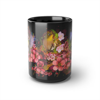 Cherry Blossom Birds (3 birds on one mug), Black Mug, 15oz