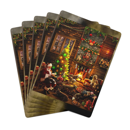 Christmas puppy poker playing cards of a cozy scene with Santa, a Christmas tree, an afghan hound, Pitbull, Terrier Chihuahua mix, bull dog, German Shepherd, a cat, a Labrador retriever, Wiener dog dachshunds.