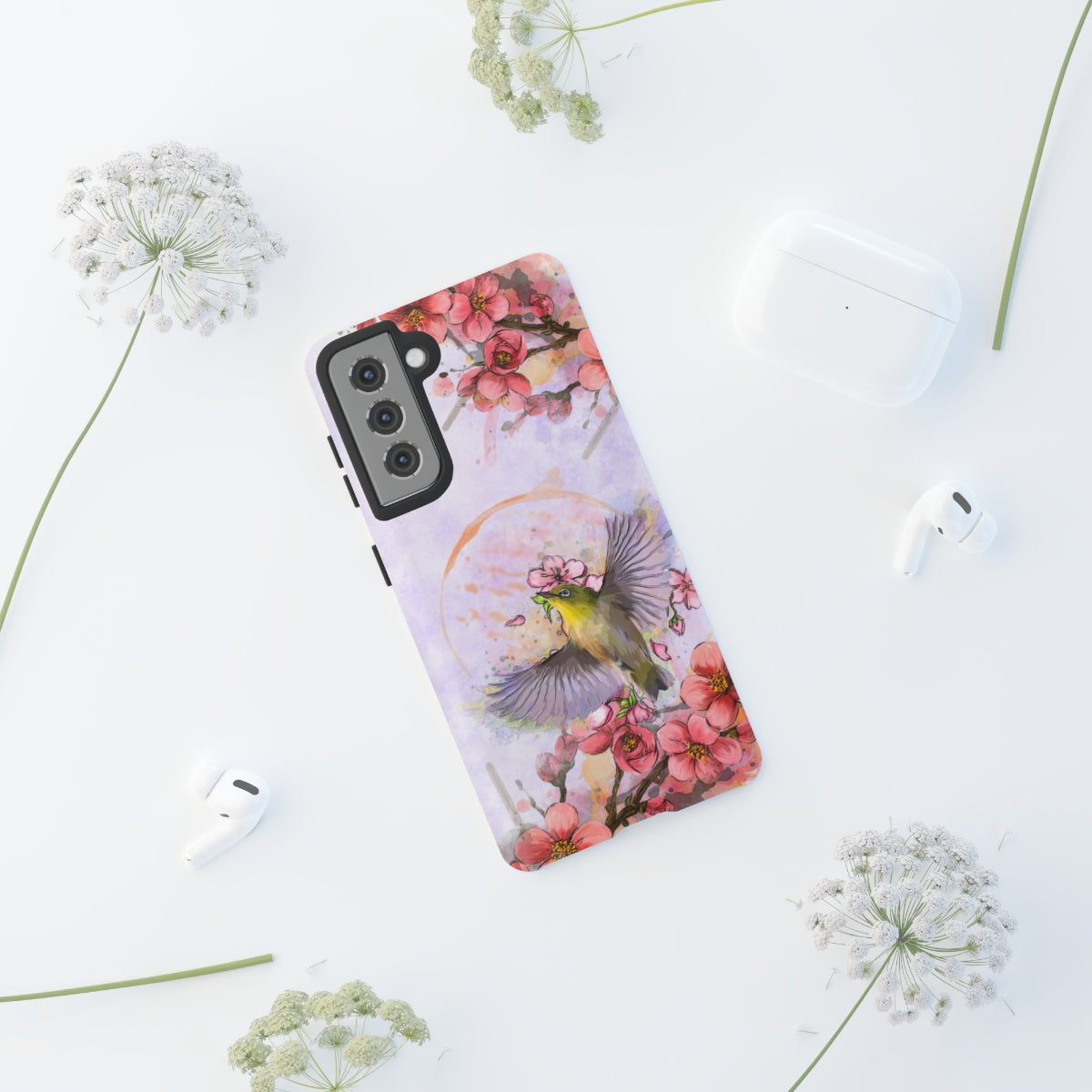 Cherry Blossom Birds, white background (Soar), Tough Cases - All Phones