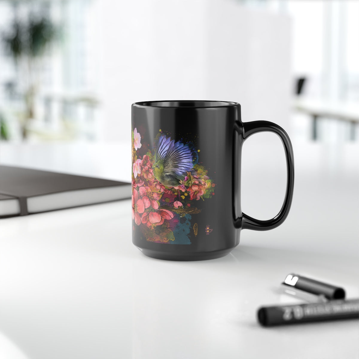 Cherry Blossom Birds (3 birds on one mug), Black Mug, 15oz