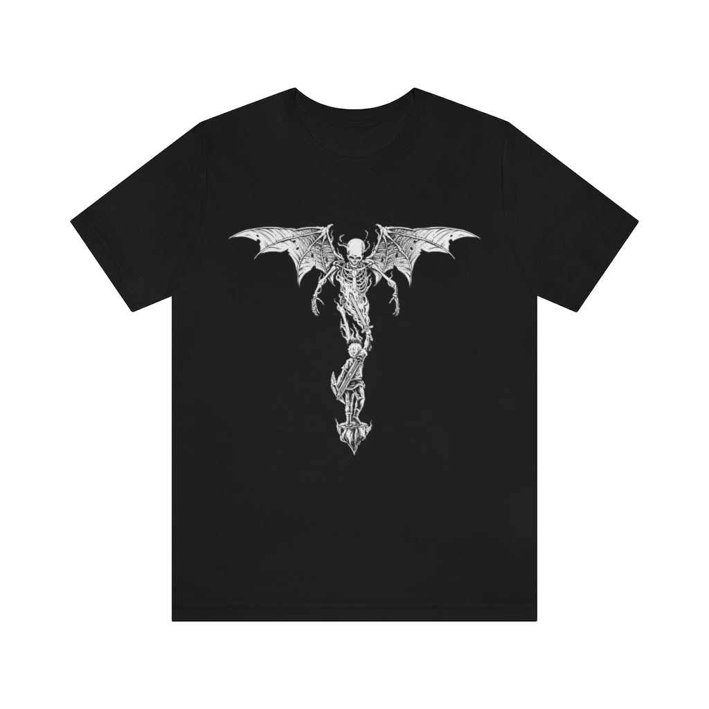 T-Shirt: Dark Art, defiant to the last (no text)  Perfect gift for anyone who wants a simple and elegant dark cool design.  original art of skull skeleton and a boy with a sword