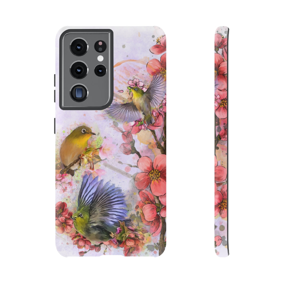 Cherry Blossom Birds, white background (Three Birds), Tough Cases - All Phones