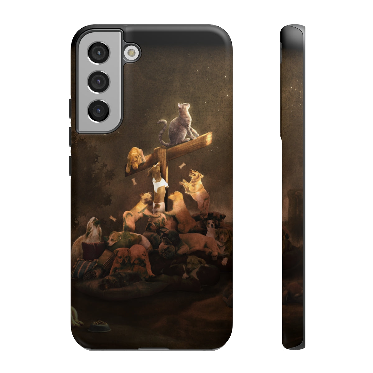  phone cases of puppies and dogs with a light shining down on a pittbull, french poodle, afghan hound, German shepherd,Chihuahua Terrier, Poodle/ Pekingese/ Maltese/ Shih Tzu, bulldog, cat, Chihuahua Terrier, labrador, dachshund, and golden retriever. 