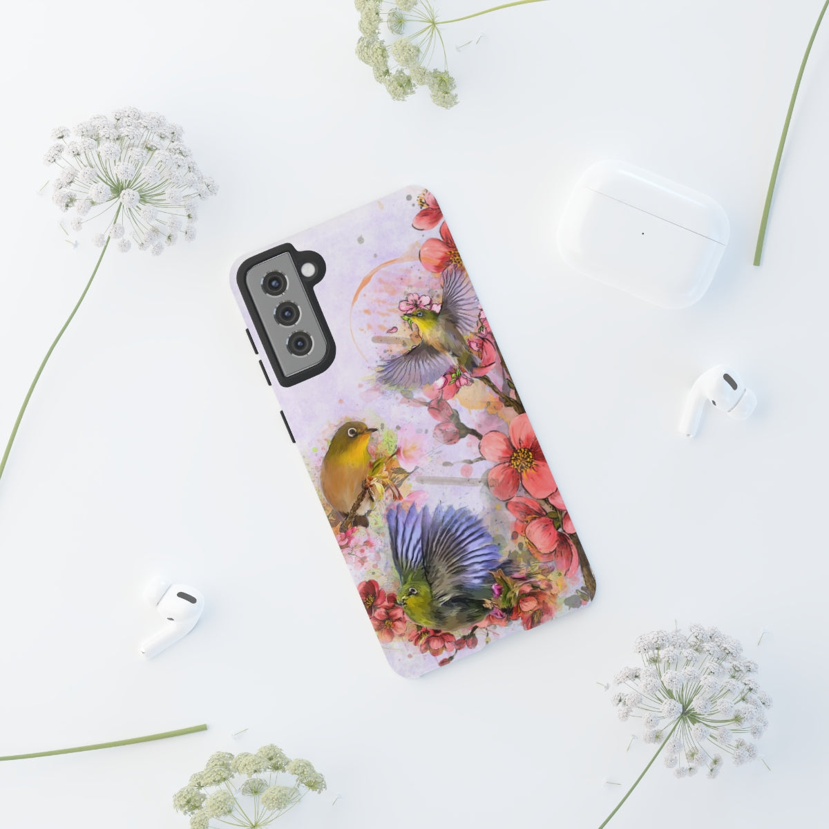 Cherry Blossom Birds, white background (Three Birds), Tough Cases - All Phones