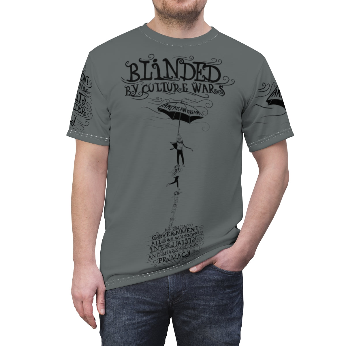 Blinded by Culture Wars (Dark Grey): Unisex All Over Print T Shirt