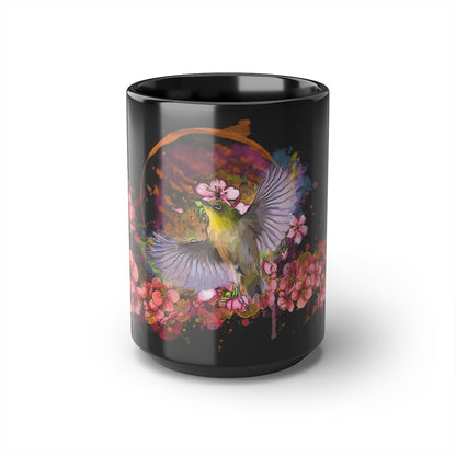 Cherry Blossom Birds (Soar), Black Mug, 15oz