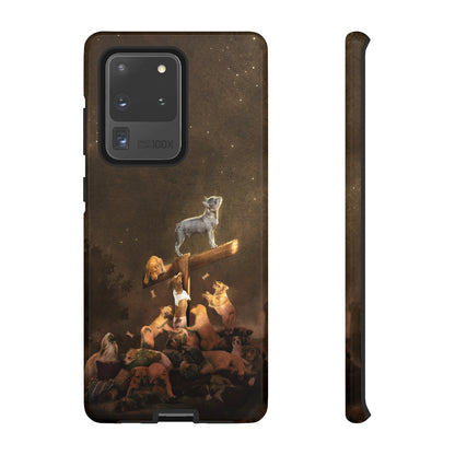  phone cases of puppies and dogs with a light shining down on a pittbull, french poodle, afghan hound, German shepherd,Chihuahua Terrier, Poodle/ Pekingese/ Maltese/ Shih Tzu, bulldog, cat, Chihuahua Terrier, labrador, dachshund, and golden retriever. 