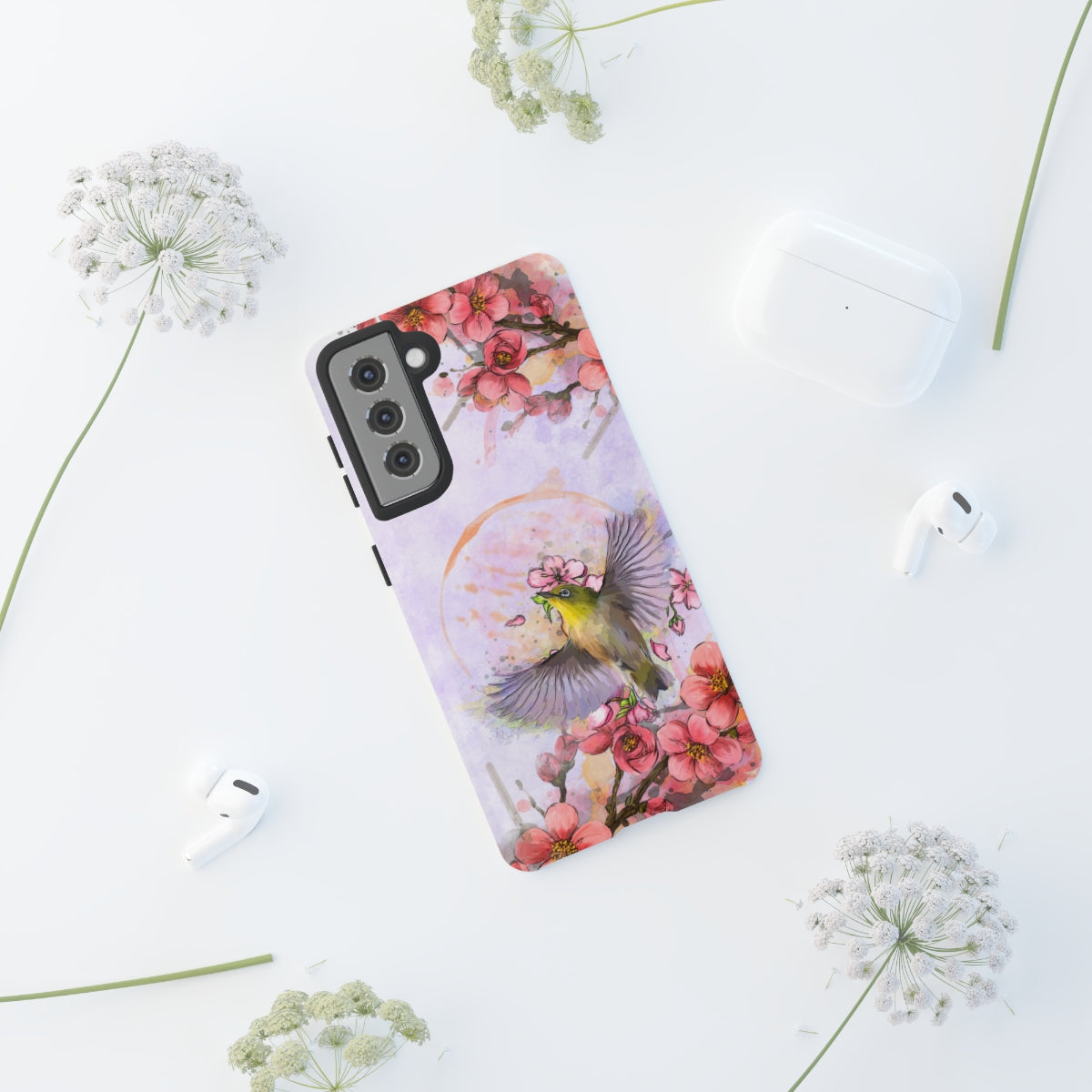 Cherry Blossom Birds, white background (Soar), Tough Cases - All Phones