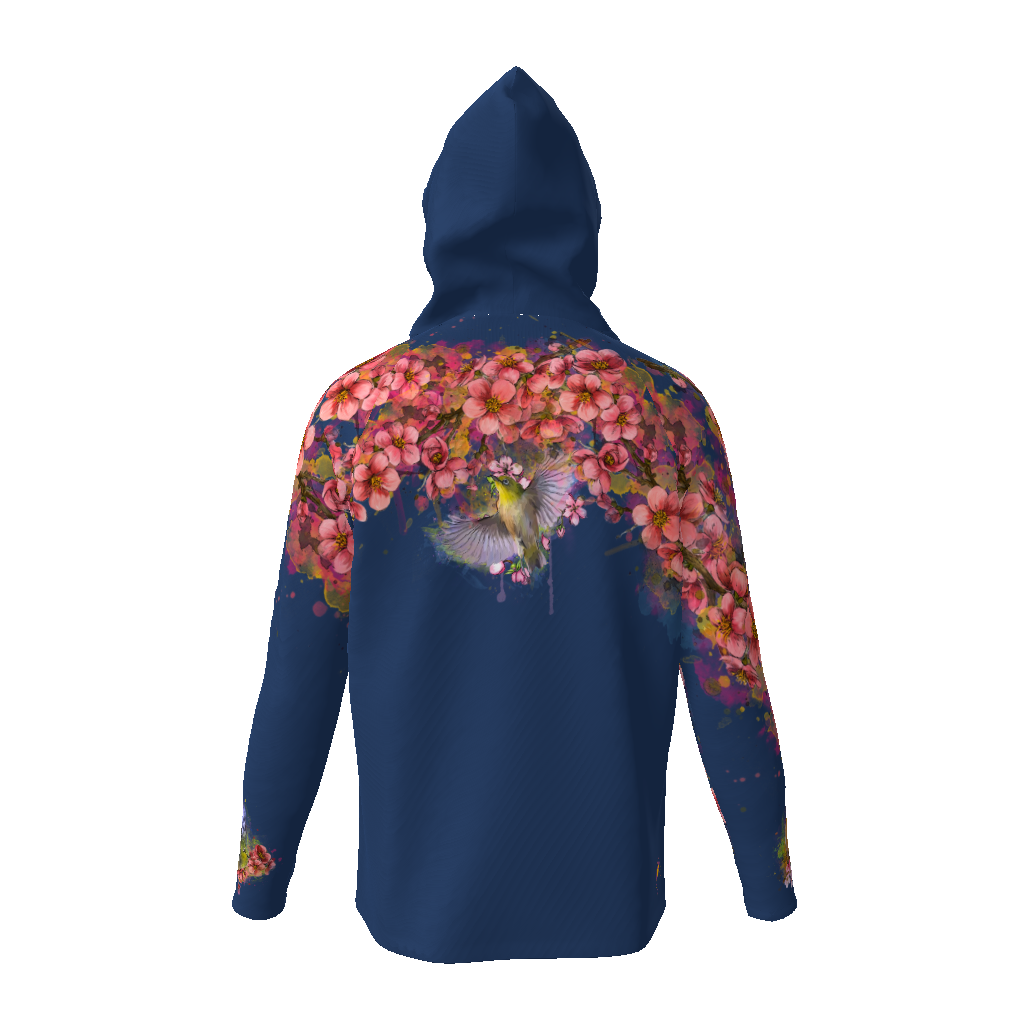 Cherry Blossom Birds (Purple Wings), Sun Protective Hooded Long Sleeve T-ShirtMOQ1