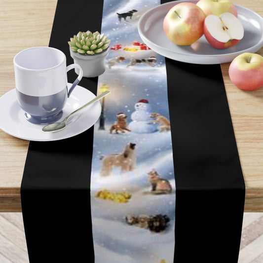 Christmas Dogs and Snowman (Black), Table Runner