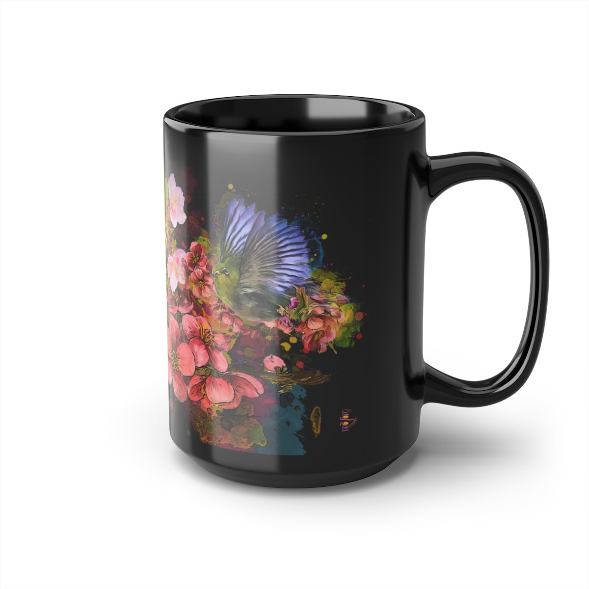 Cherry Blossom Birds (3 birds on one mug), Black Mug, 15oz