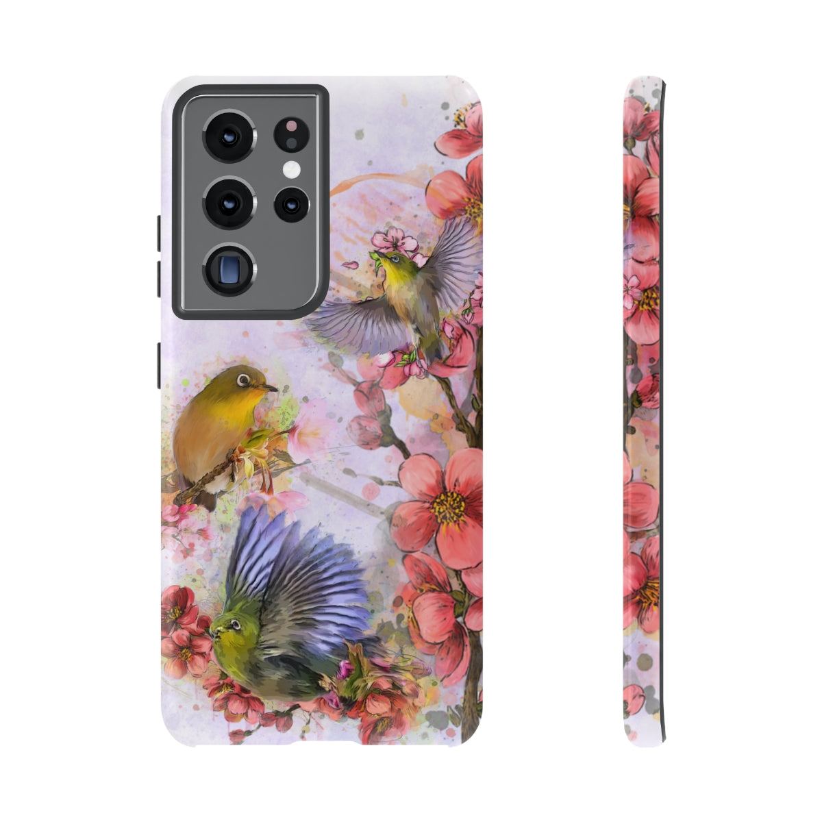 Cherry Blossom Birds, white background (Three Birds), Tough Cases - All Phones