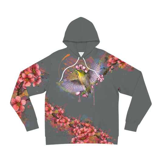 Cherry Blossom Birds, Fashion Hoodie  Return to nature for clarity of thought and motives.   Hoodies are unisex, made with 75% polyester, 20% cotton, and 5% spandex - resulting in an extra cozy feeling that lasts all day long.