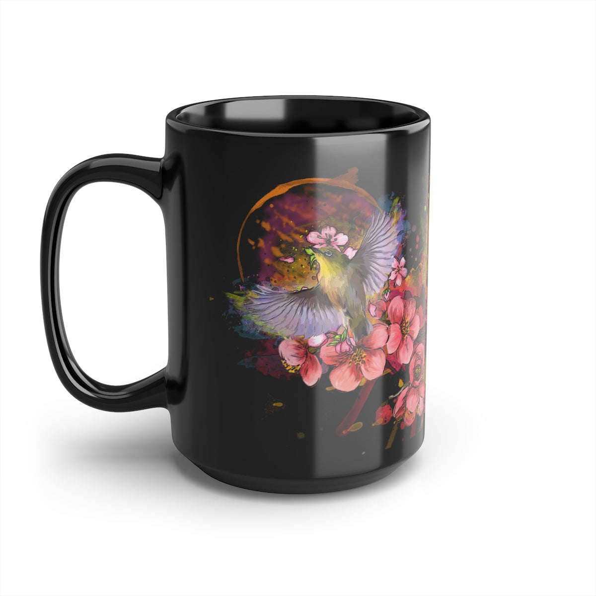 Cherry Blossom Birds (3 birds on one mug), Black Mug, 15oz