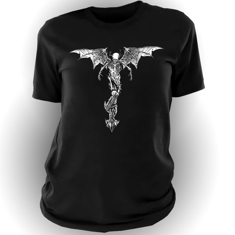 T-Shirt: Dark Art, defiant to the last (no text) Perfect gift for anyone who wants a simple and elegant dark cool design. original art of skull skeleton and a boy with a sword