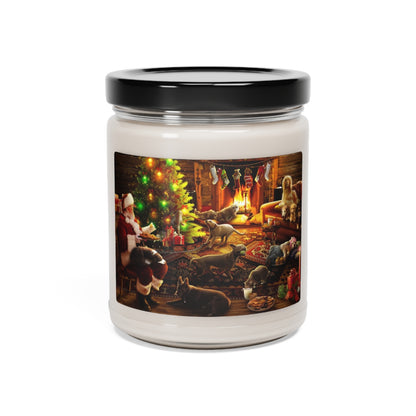 A Scented Soy Candle with a cozy scene with Santa, a Christmas tree, an Afghan hound, Pitbull, Terrier Chihuahua mix, bull dog, German Shepherd, a cat, a lab, Wiener dogs, and a dachshund.  Match similar items in our Christmas Puppies Collection.