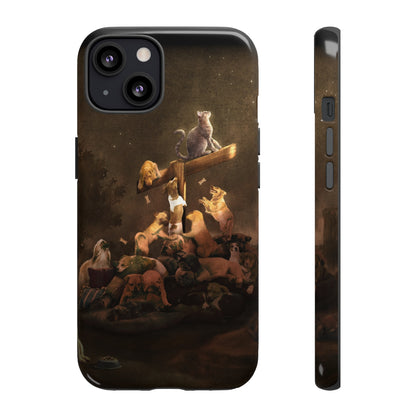  phone cases of puppies and dogs with a light shining down on a pittbull, french poodle, afghan hound, German shepherd,Chihuahua Terrier, Poodle/ Pekingese/ Maltese/ Shih Tzu, bulldog, cat, Chihuahua Terrier, labrador, dachshund, and golden retriever. 