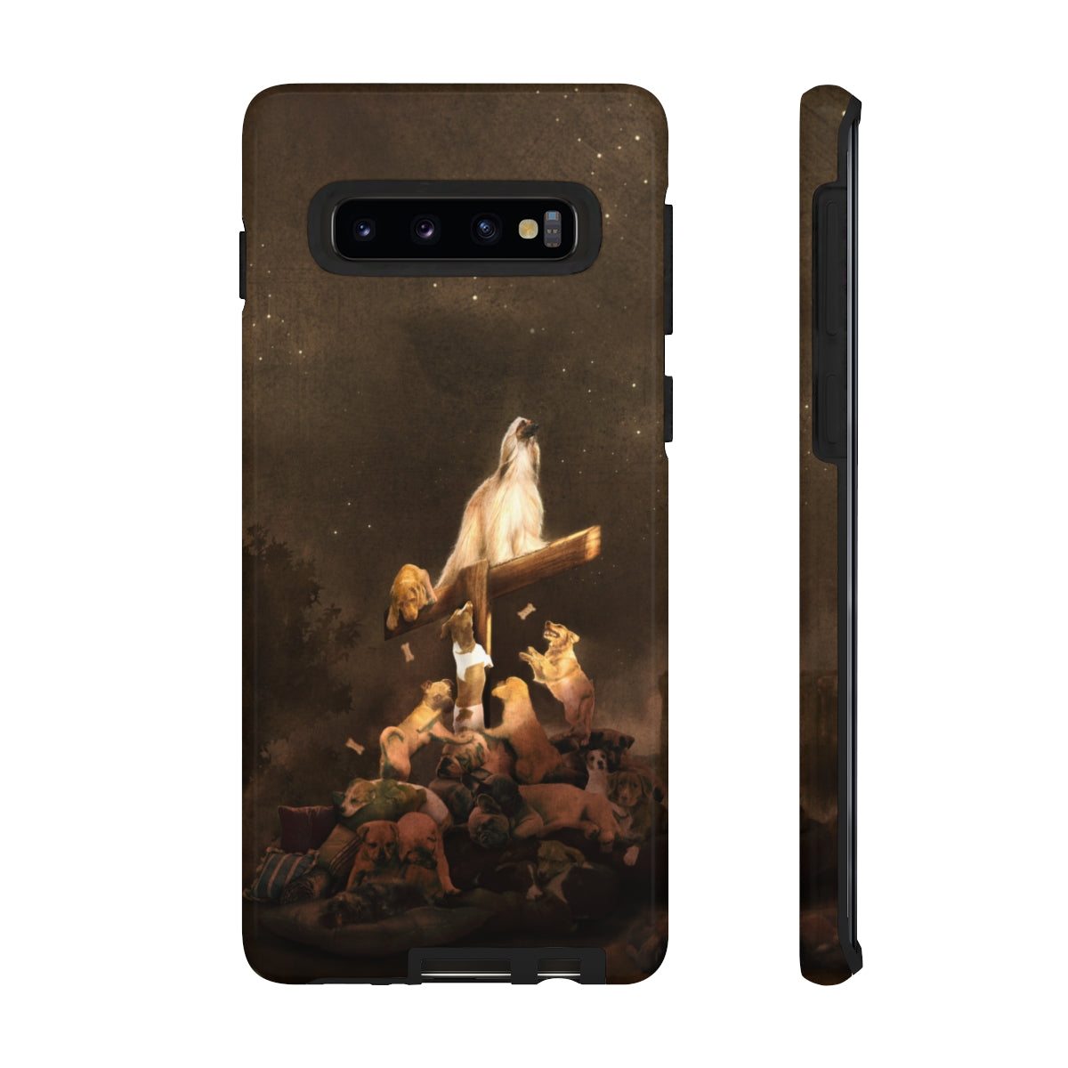  phone cases of puppies and dogs with a light shining down on a pittbull, french poodle, afghan hound, German shepherd,Chihuahua Terrier, Poodle/ Pekingese/ Maltese/ Shih Tzu, bulldog, cat, Chihuahua Terrier, labrador, dachshund, and golden retriever. 