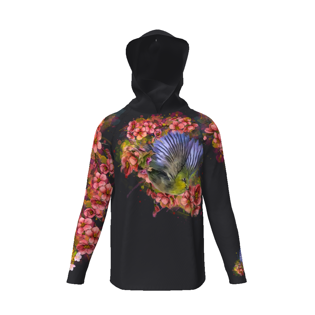 Cherry Blossom Birds (Purple Wings), Sun Protective Hooded Long Sleeve T-ShirtMOQ1