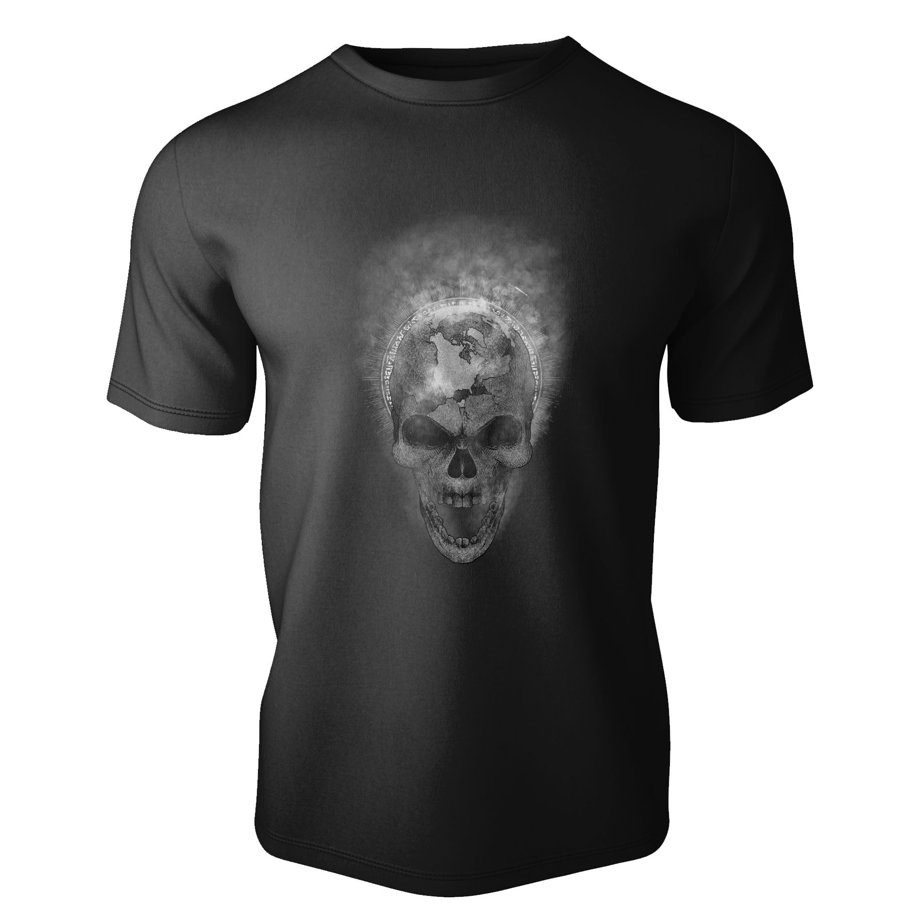 t-shirt with dark art of a skull Earth leaking atmosphere