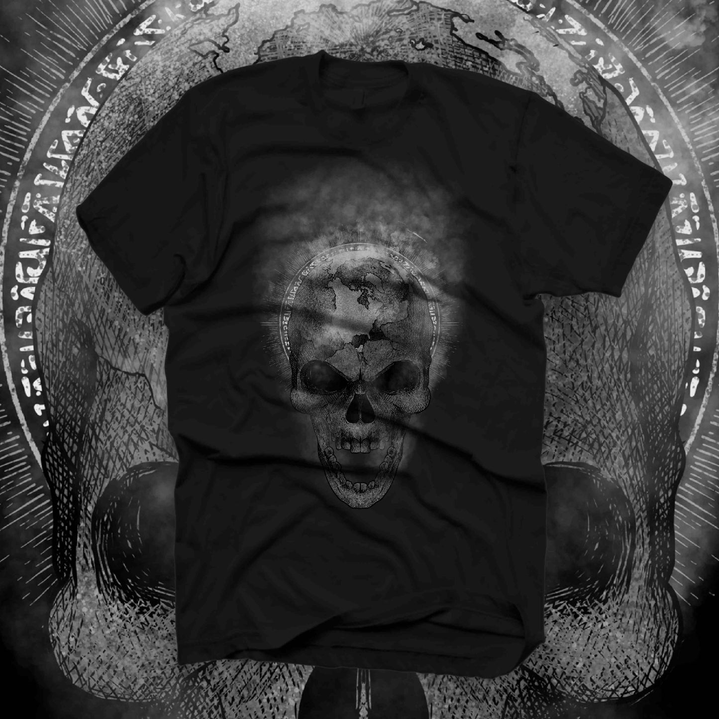 T-shirt of the earth shaped like a skull with atmosphere moving into space.  How long do we need to tolerate science deniers? Facts don't care about your political narration, religious beliefs, nor cultural dogma.   Perfect gift for individuals ticked off about those who cannot separate a damaged earth from political and cultural ambition. 